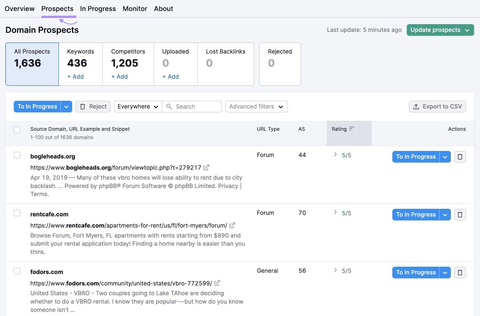 "Domain Prospects" list in Link Building Tool