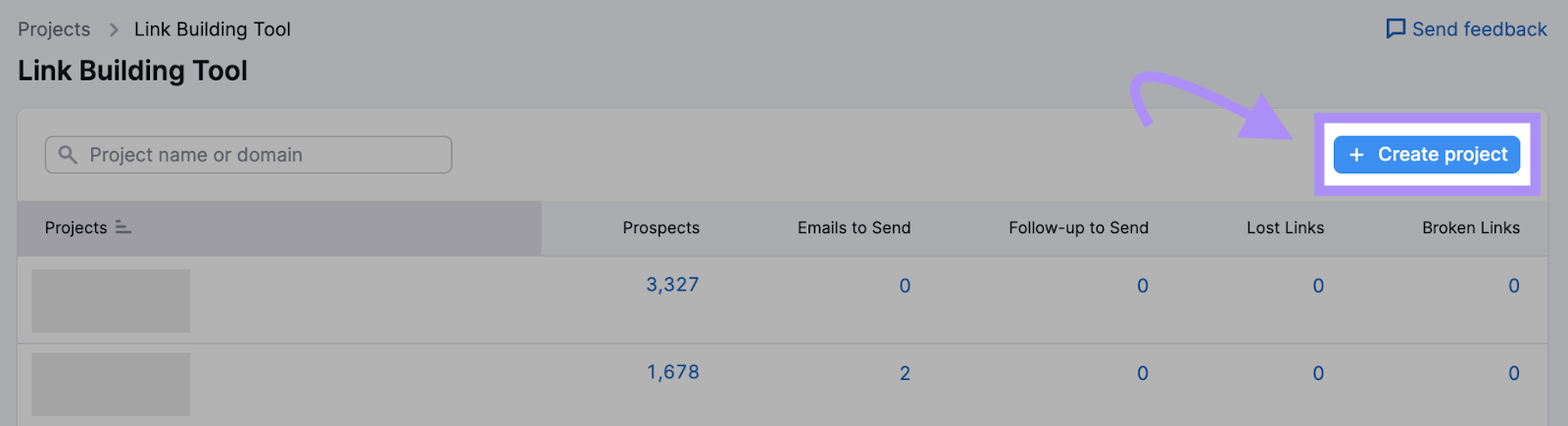 “+ Create project" button highlighted