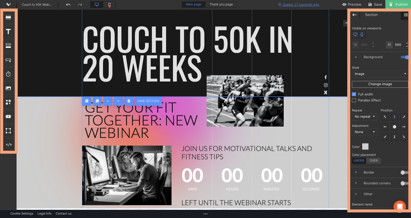 The dashboard of the Landing Page Builder with the editing tools indicated.
