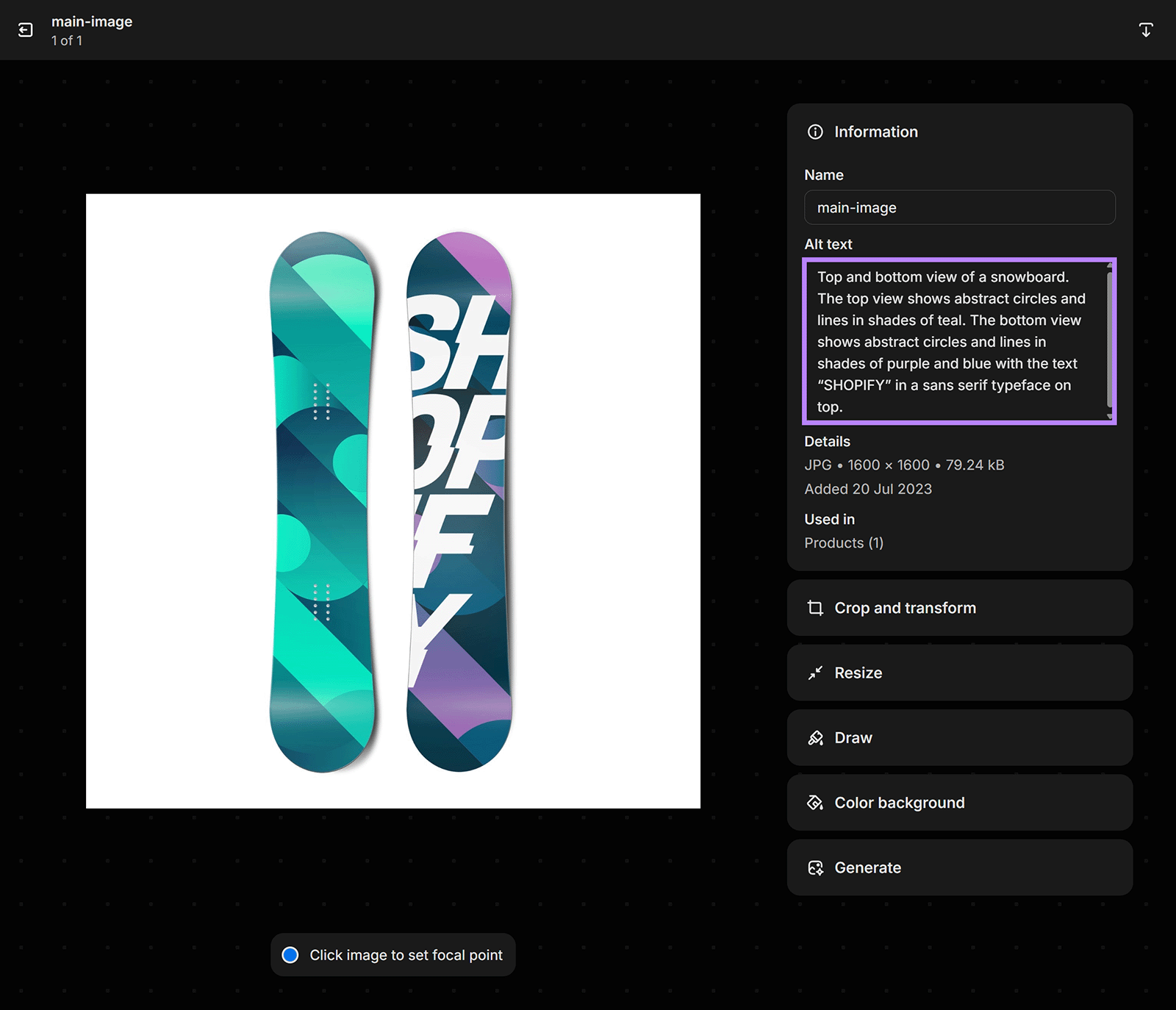 Shopify product image editor showing two snowboard views and the alt text editor box highlighted.