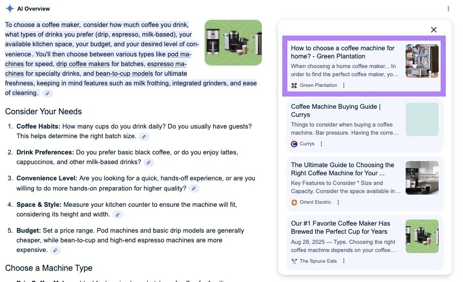 SERP for “how to choose a coffee maker” with an AI Overview appearing at the top along with the first source on the right highlighted.