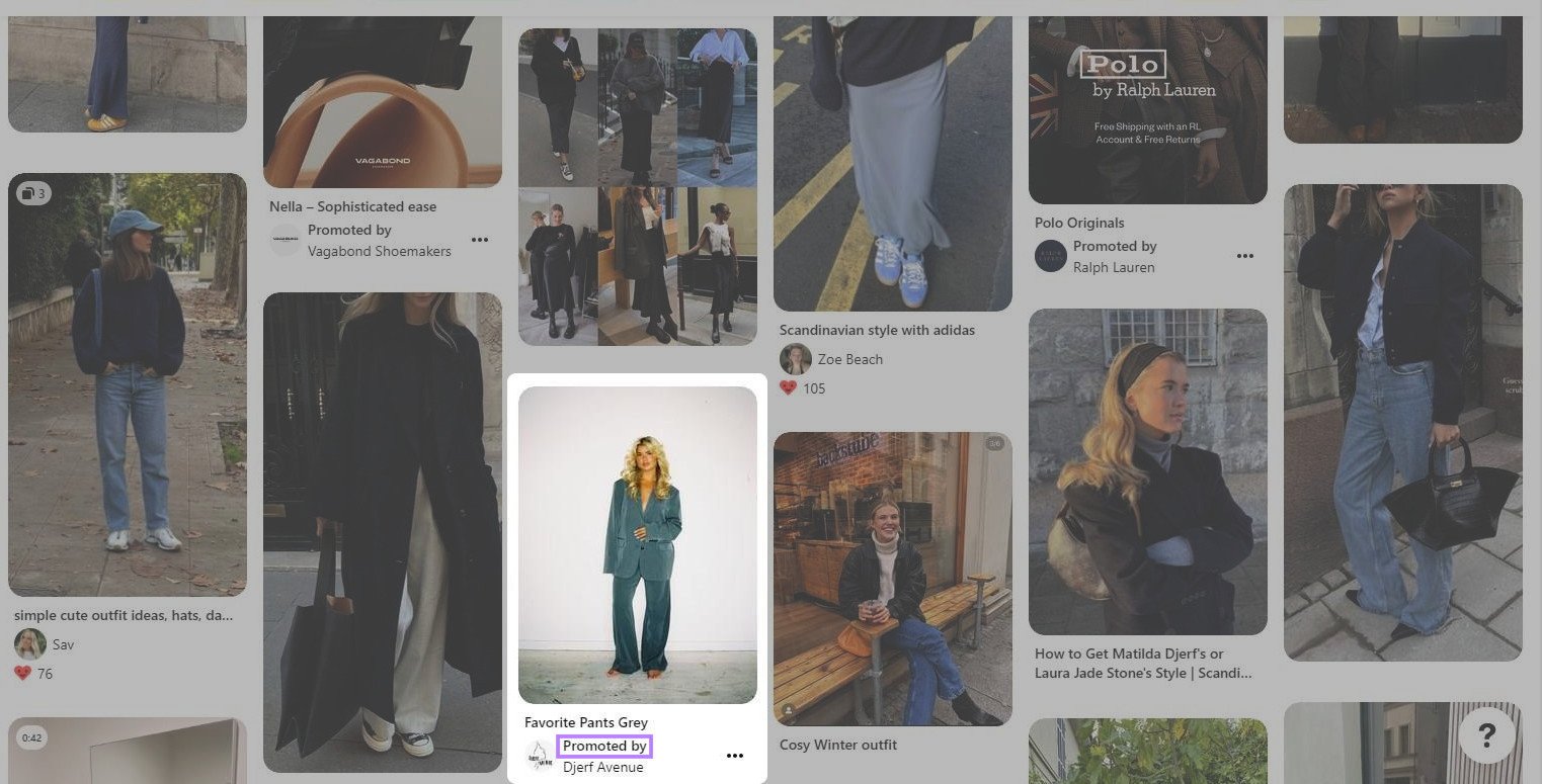 native ad for fashion brand Djerf Avenue on Pinterest, with "Promoted by" label highlighted