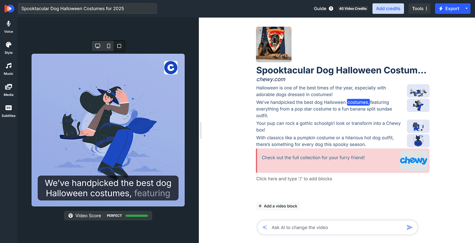 AI video editor showing a Halloween-themed video draft with text about best dog costumes and preview on the left.