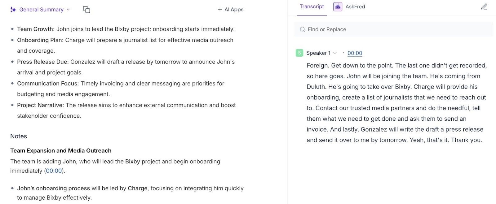 Fireflies interface showing the summary of a meeting along with key notes on the left and a transcript of the whole meeting on the right.
