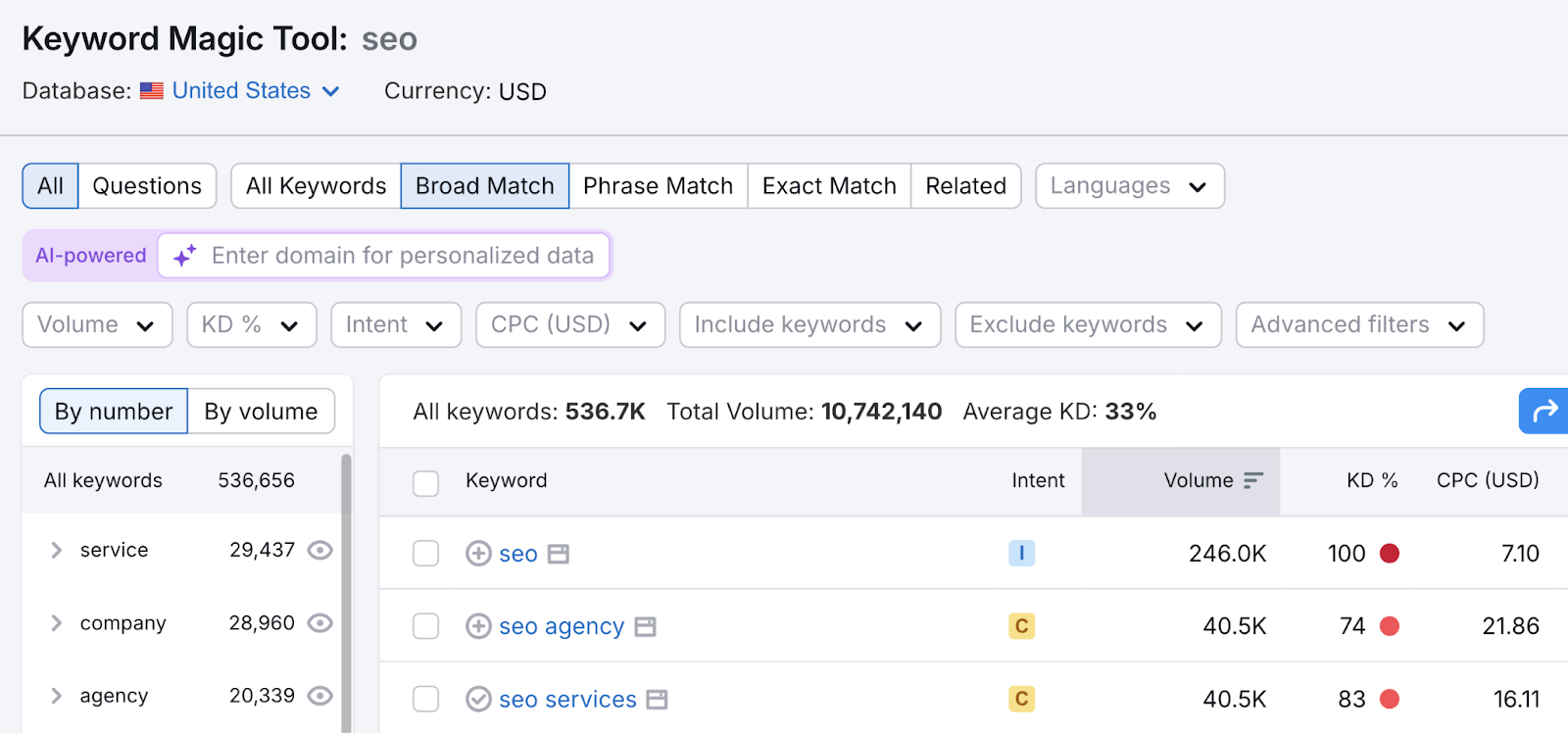 In this example, the seed keyword is seo, and the keyword list has over 500,000 search terms.