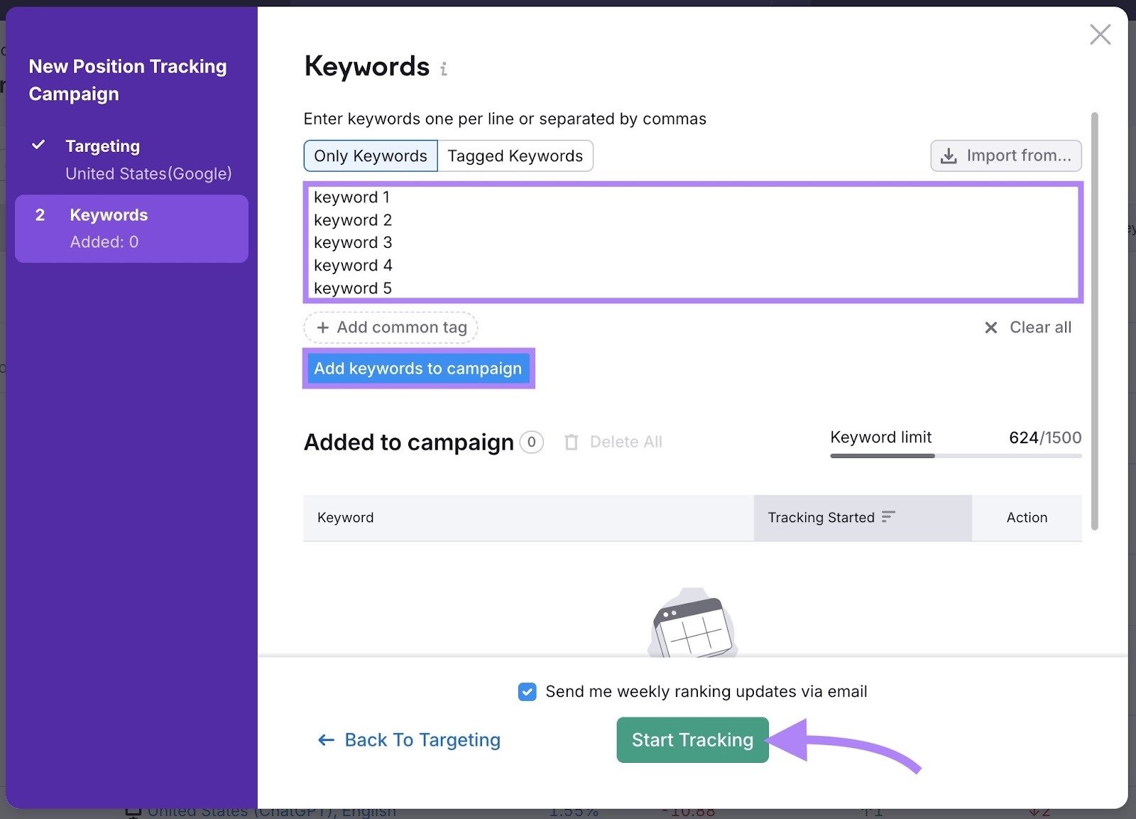 Keyword settings on the Position Tracking tool with keywords added and "Start Tracking" clicked.