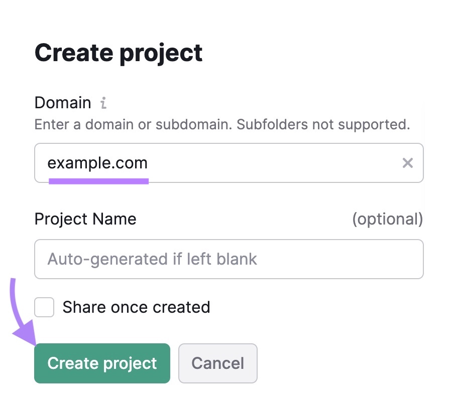 "Create project" window on Position Tracking with a domain entered and "Create project" clicked.