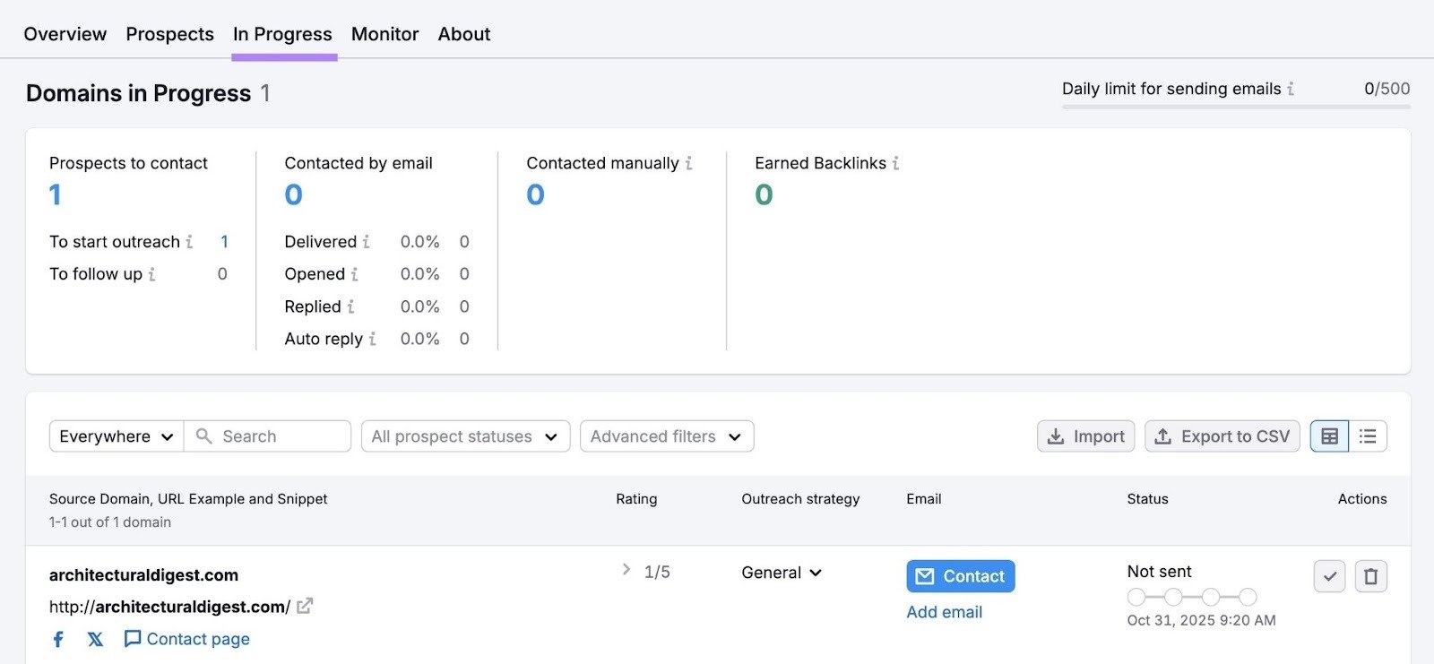 The "In Progress" tab on the Link Building tool showing a list of selected prospects.