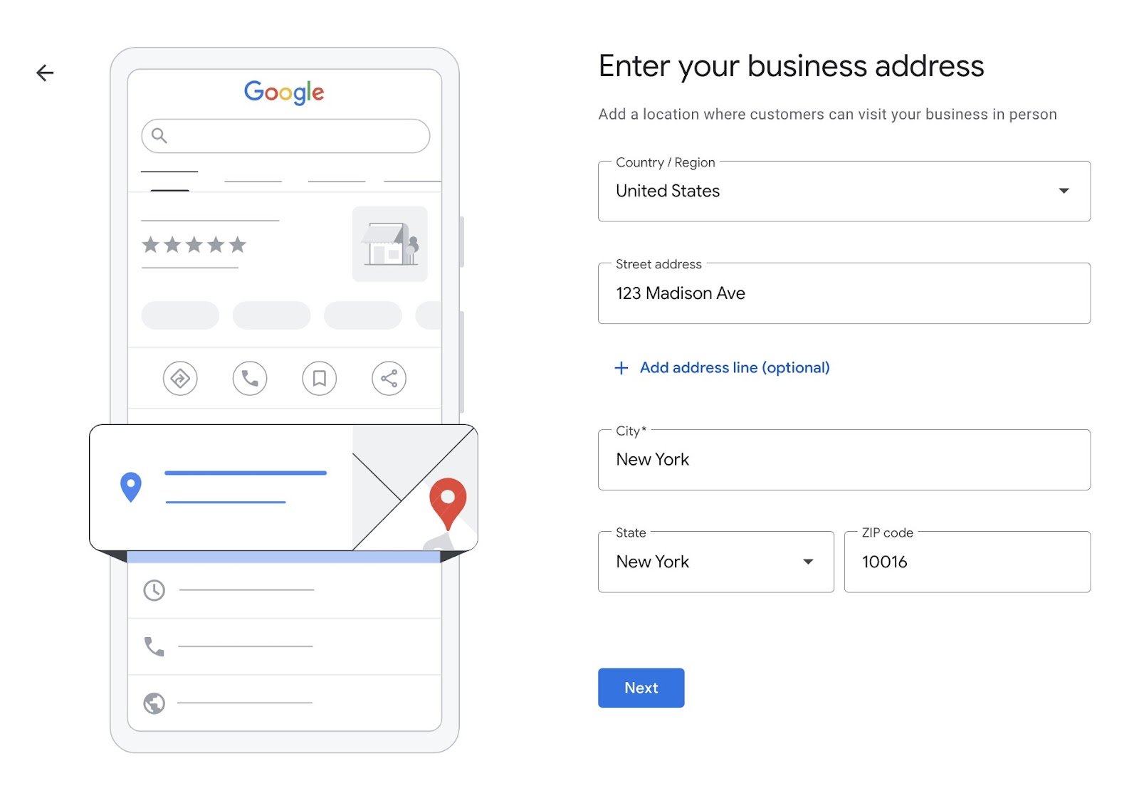 Google Business Profile setup page with an address entered.
