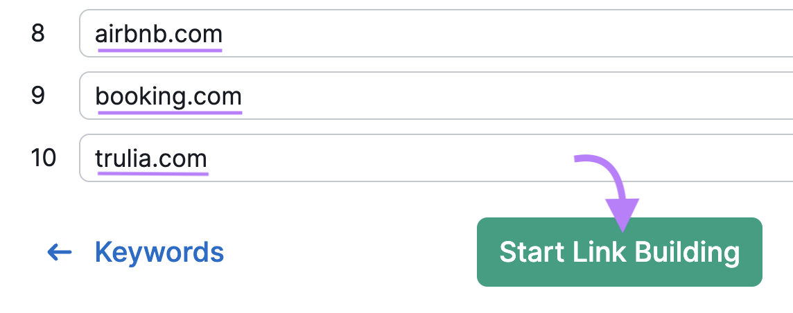“Start Link Building” button highlighted