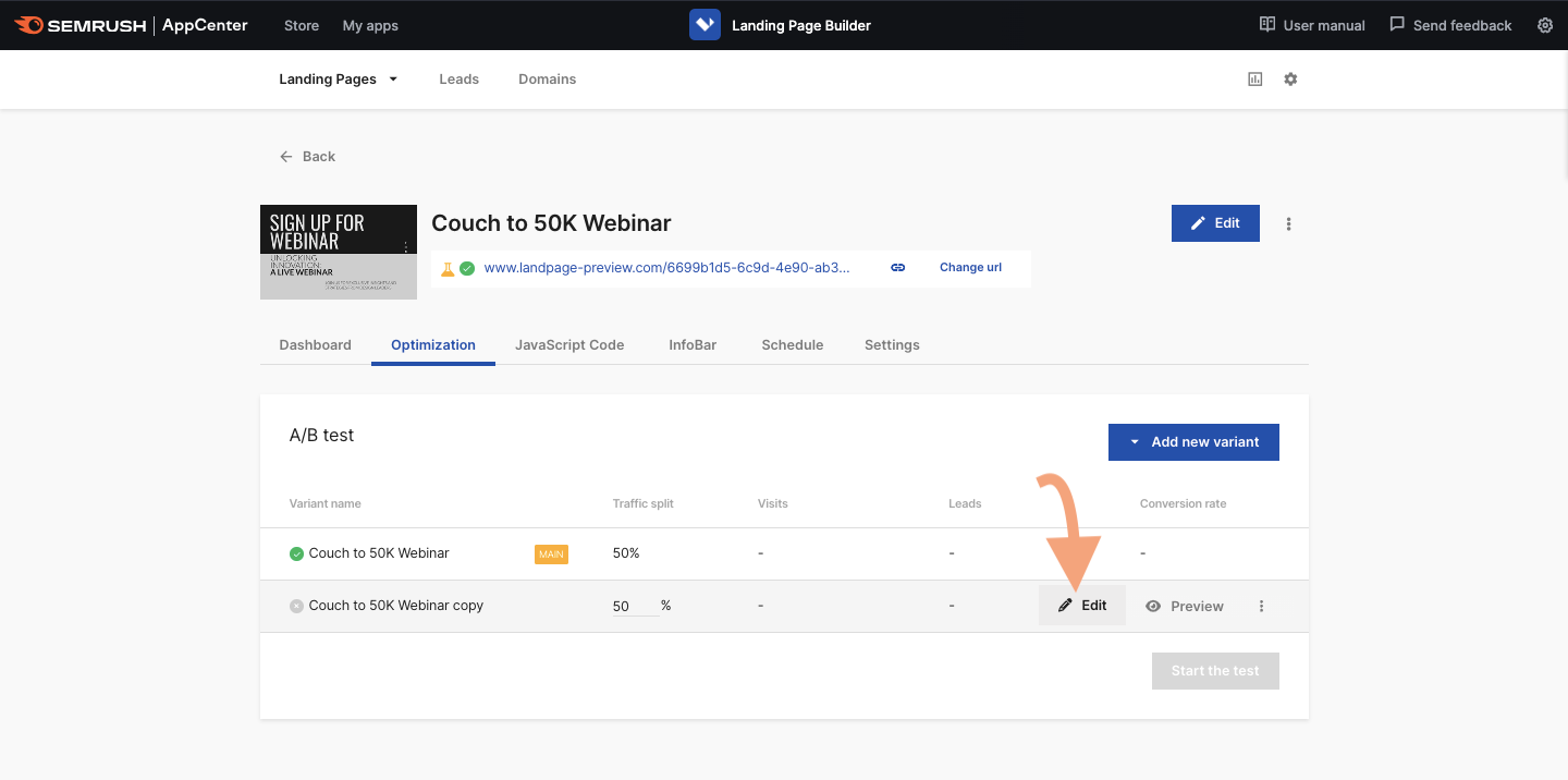 The optimization tab inside the Landing Page Builder dashboard with an arrow pointing at the edit button.