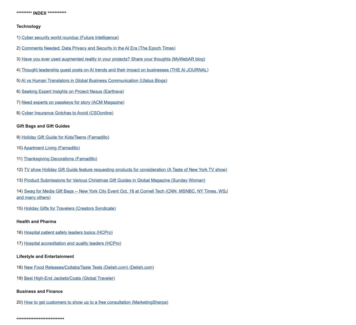 An email alert with a list of HARO queries grouped into categories.