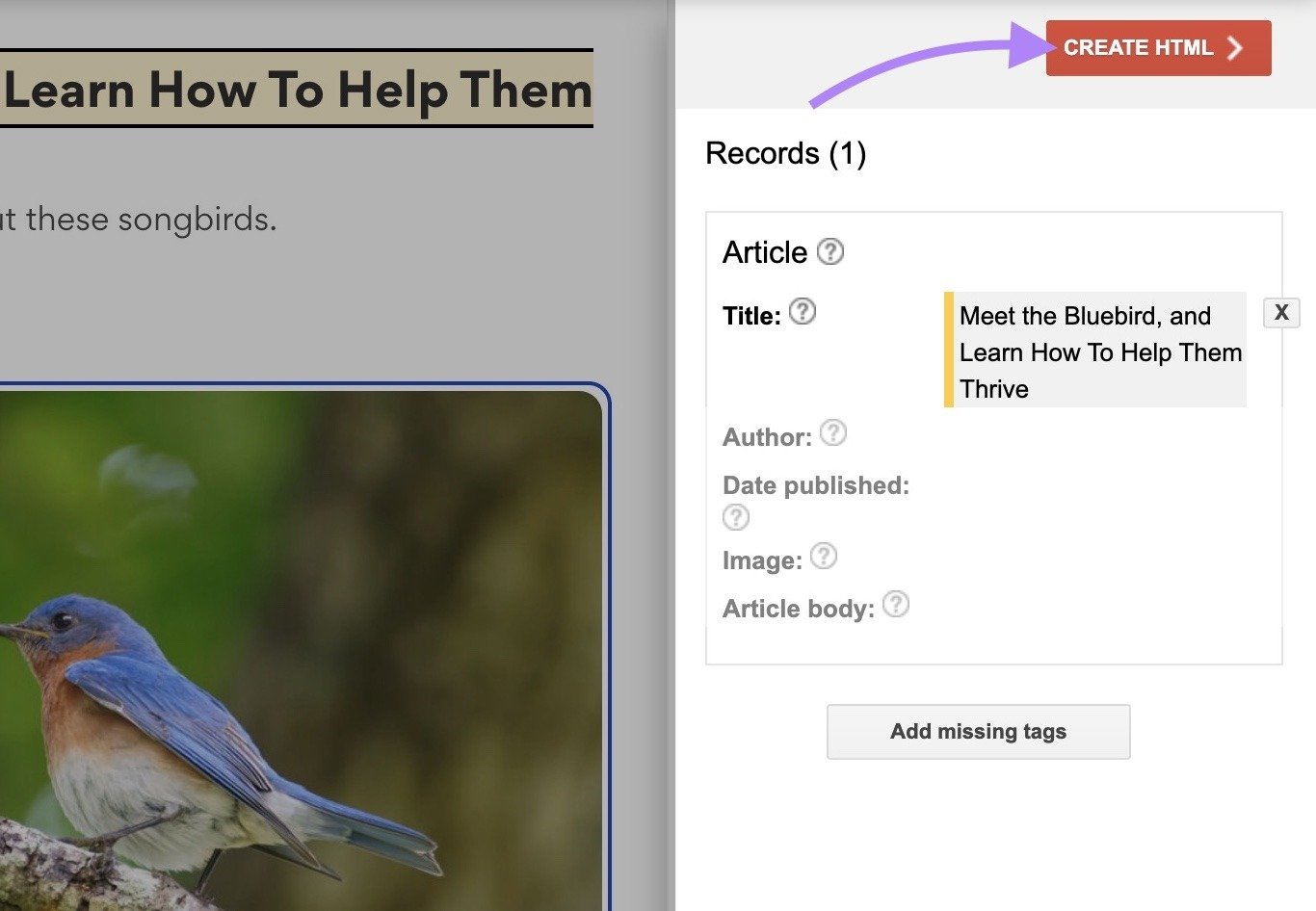 The "Create HTML" button clicked on the top right of the Structured Data Markup Helper.