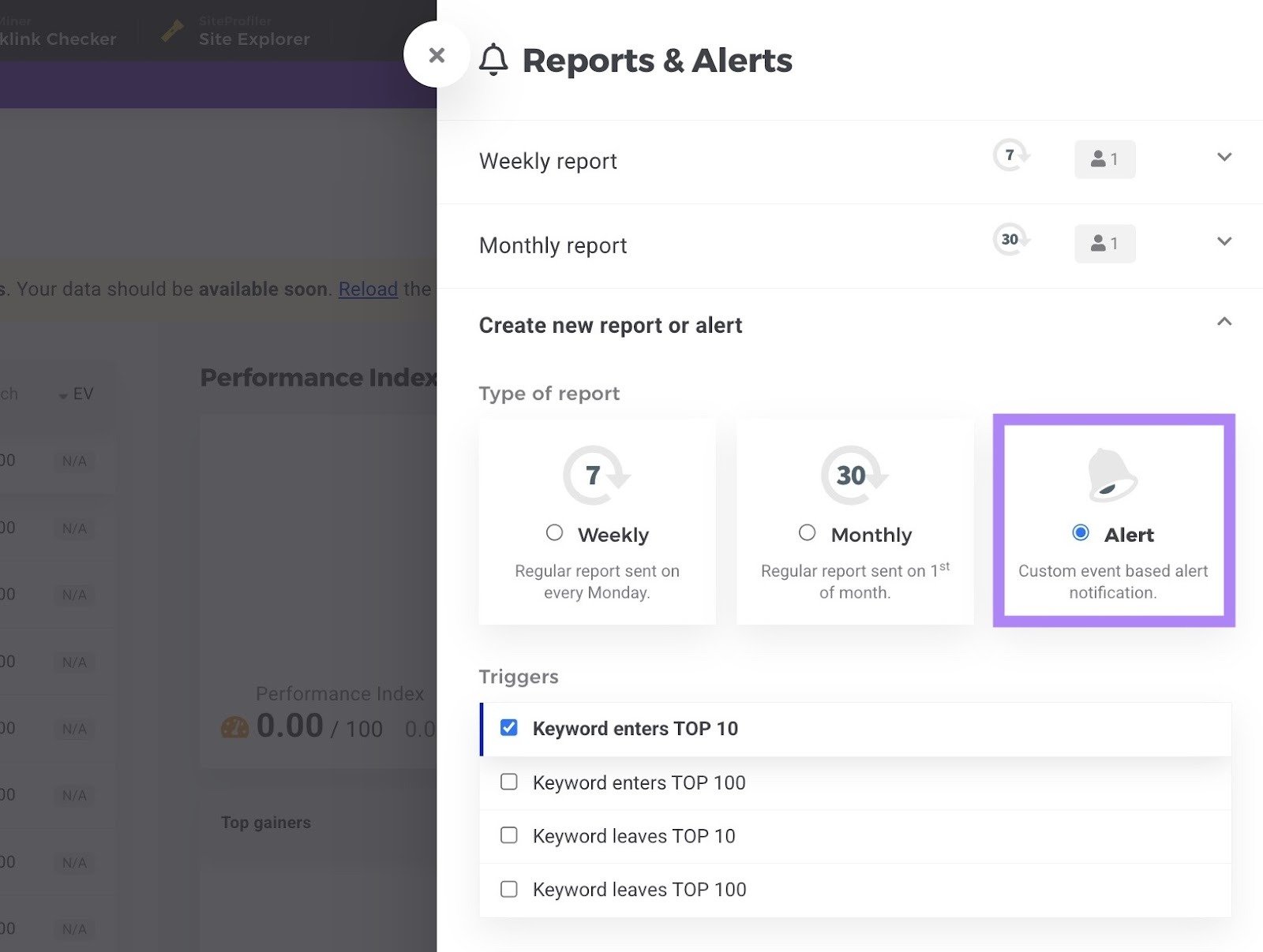 Reports & Alerts on SERPWatcher with "Alert" clicked.