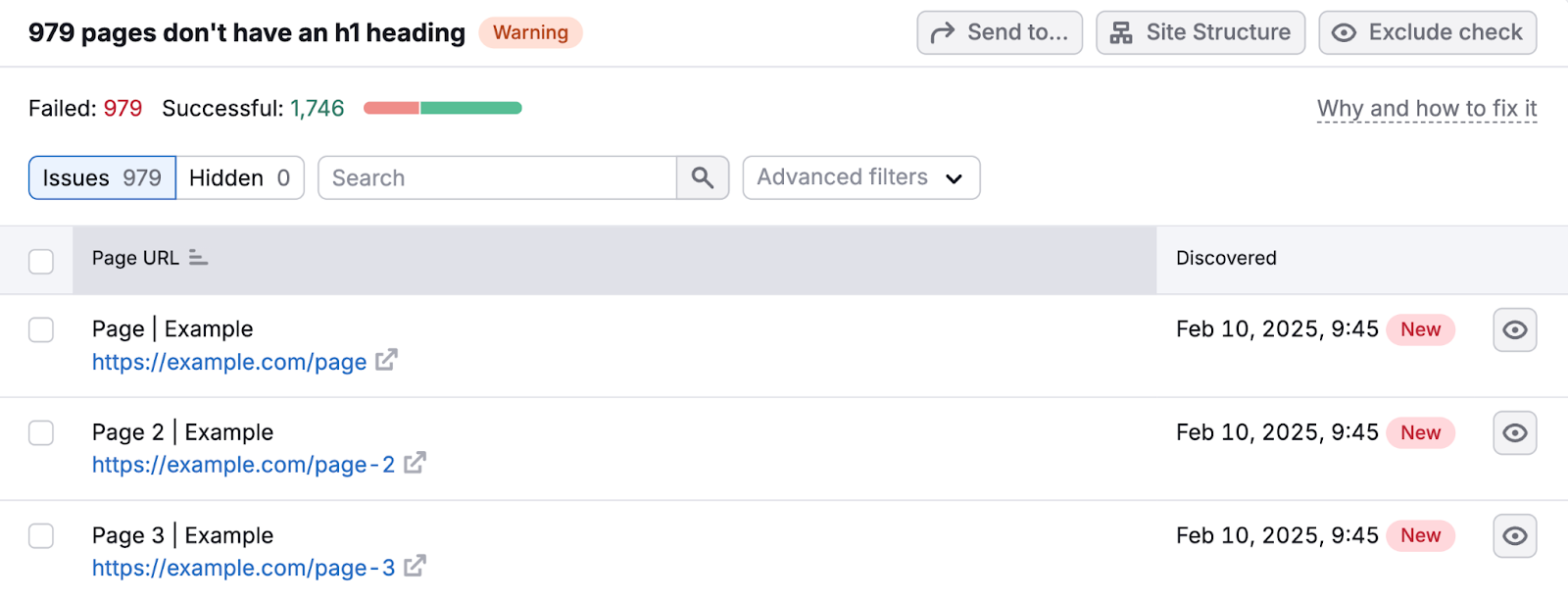 Site Audit lists pages with heading tag errors, their URL, and when they were discovered.