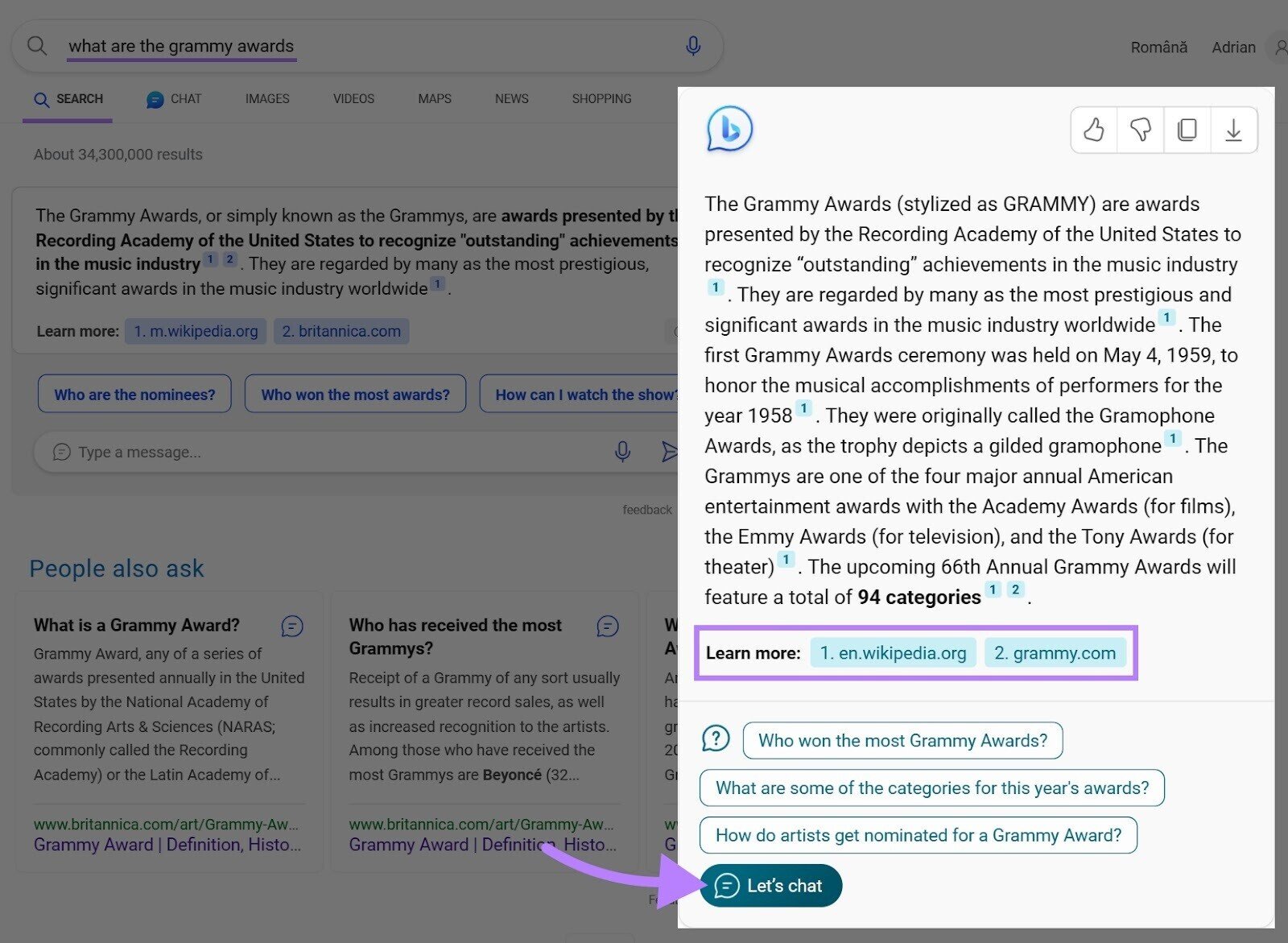 an example of Bing Chat appearing in the right-hand sidebar on SERP