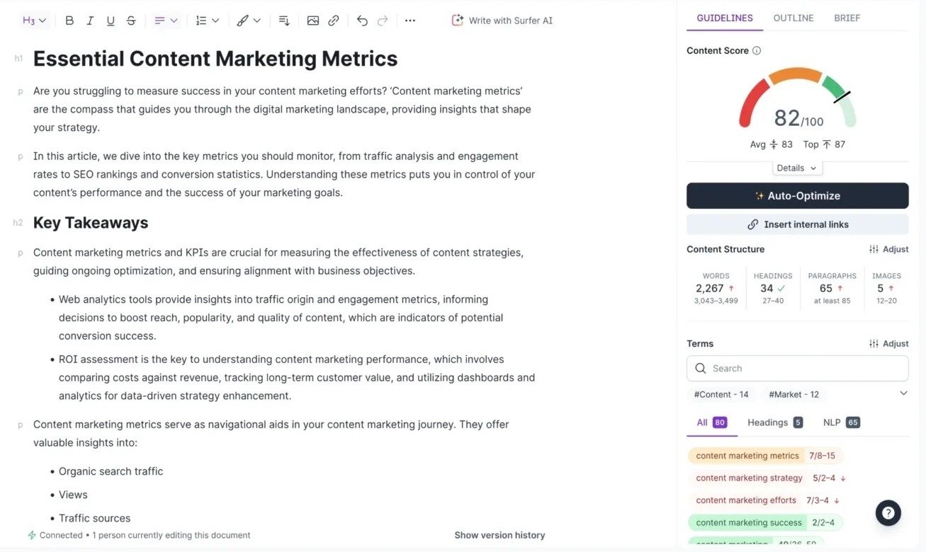 Surfer dashboard showing content on the left and an overall score along with improvement suggestions on the right.