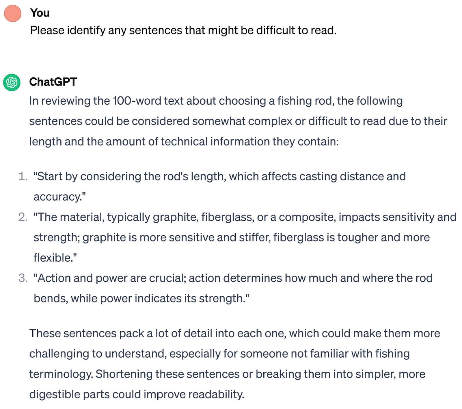 An example of a prompt asking ChatGPT to identify any sentences that might be difficult to read