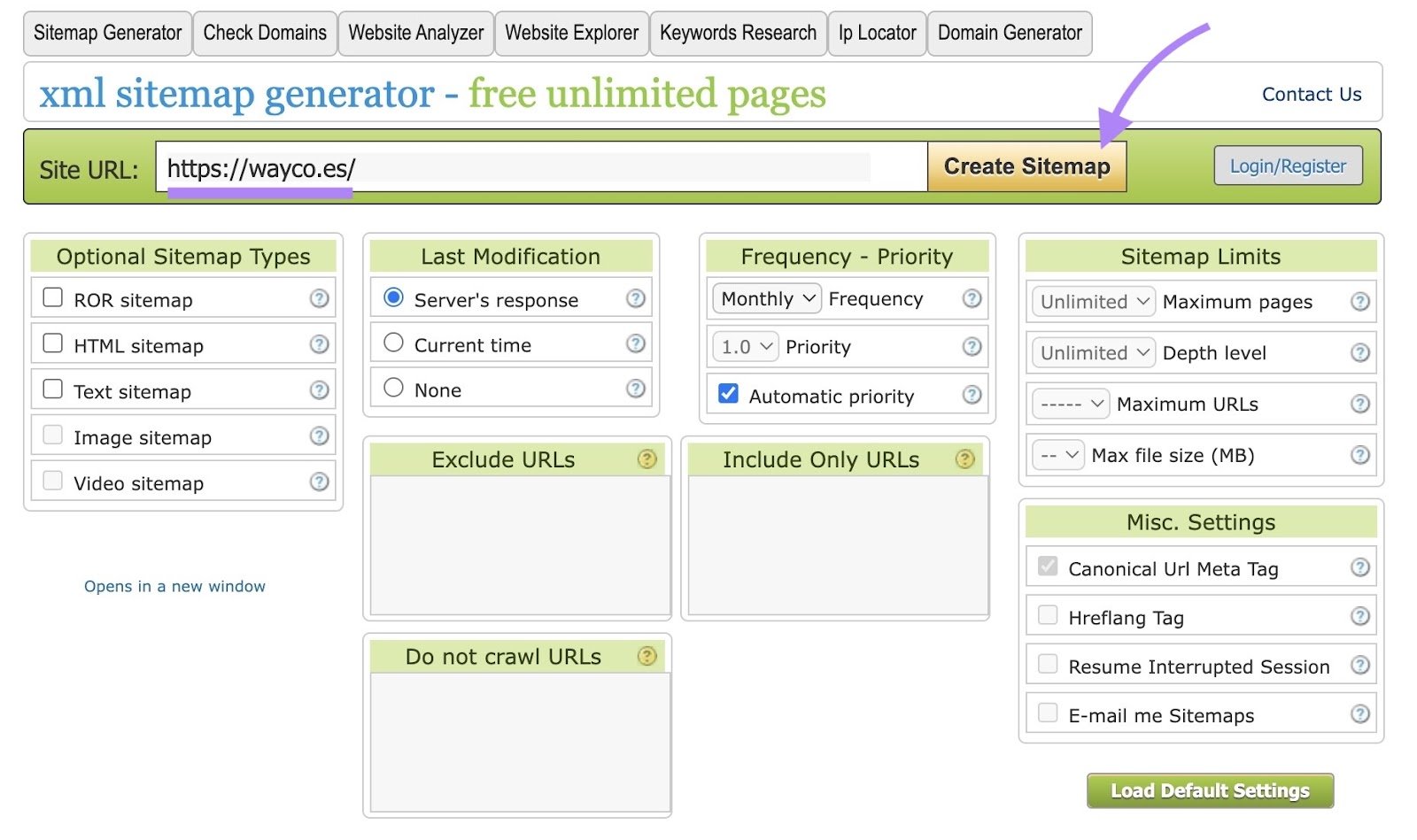 xml sitemap generator on CheckDomains with a domain entered and "Create Sitemap" clicked.