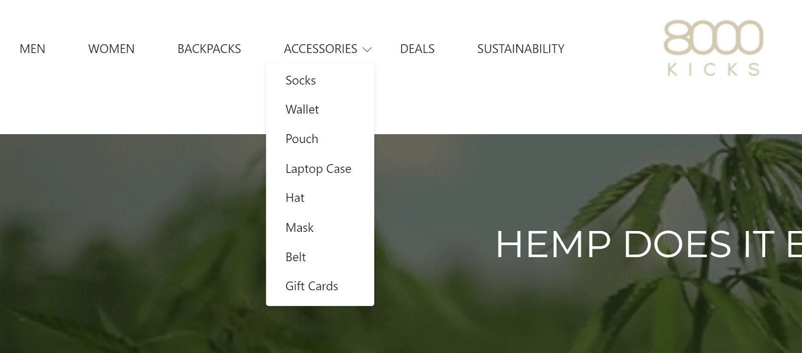 Navigation menu with an Accessories dropdown.