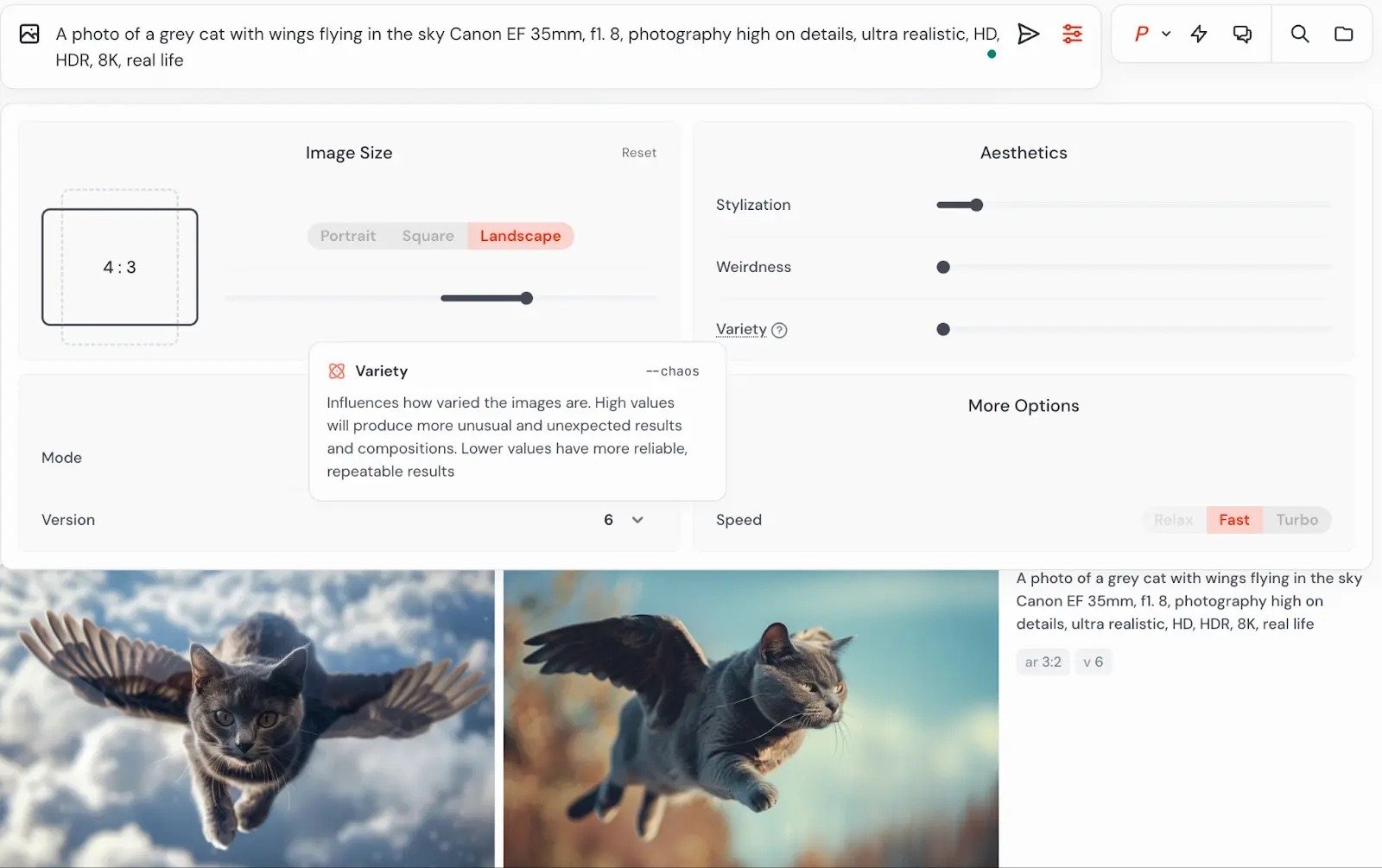 The Midjourney interface showing an image generation prompt, the results, and editing options.