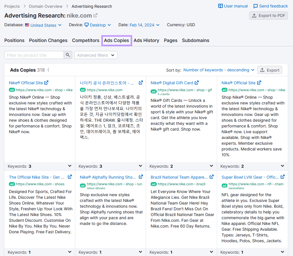 "Ads Copies" dashboard in Advertising Research tool
