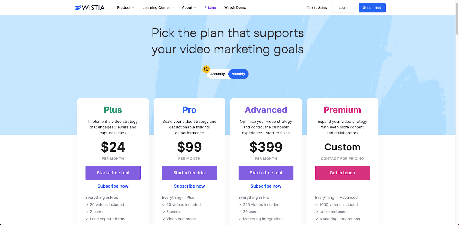 Wistia's pricing plans page