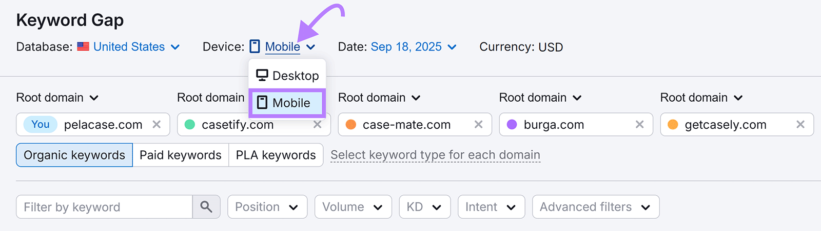 Keyword Gap tool with arrow highlighting "Mobile" device selection.