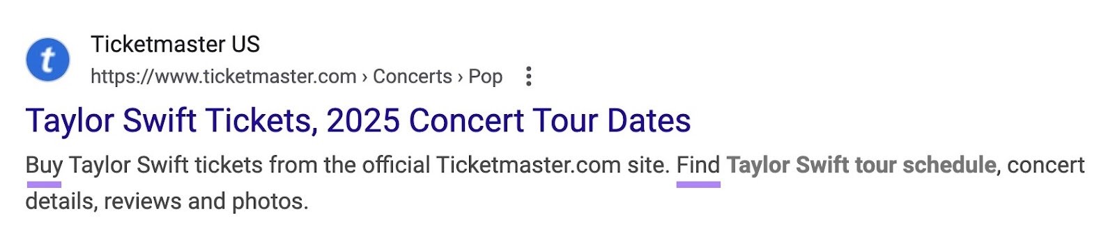 Meta description by Ticketmaster using imperative sentences that begin with "Buy" and "Find" that encourage the user to take action.