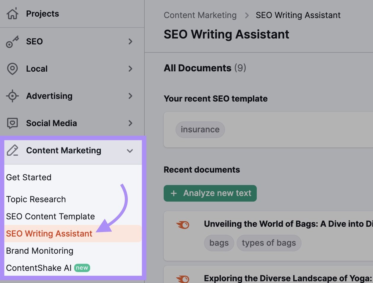 Navigating to "SEO Writing Assistant" in Semrush's sidebar