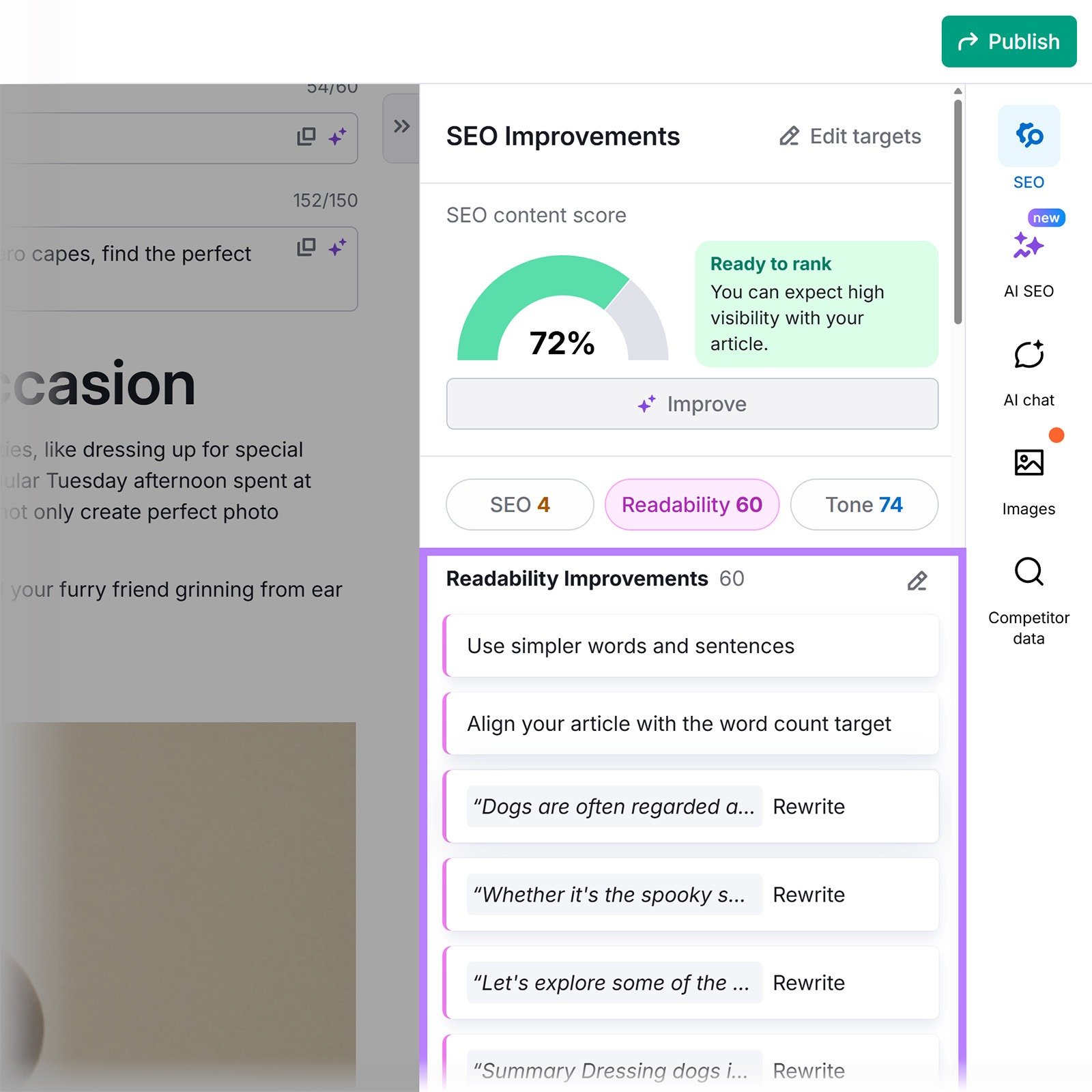SEO editor panel highlighting readability improvements with rewrite suggestions and clarity tips.