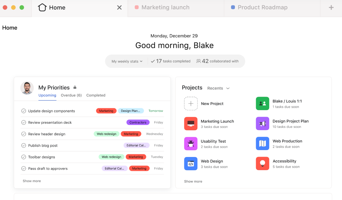 Asana dashboard shows a leader's priorities and active projects.