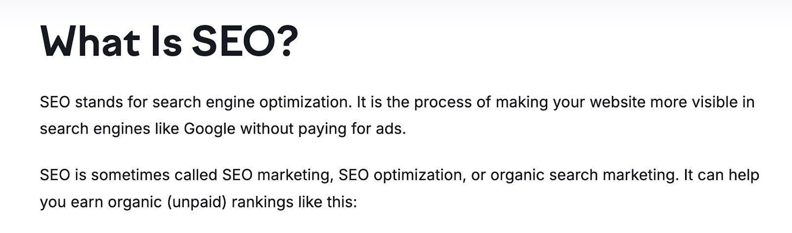 A section from a blog post by Semrush with "What is SEO" as the heading with the answer in the first line of the body text that follows.