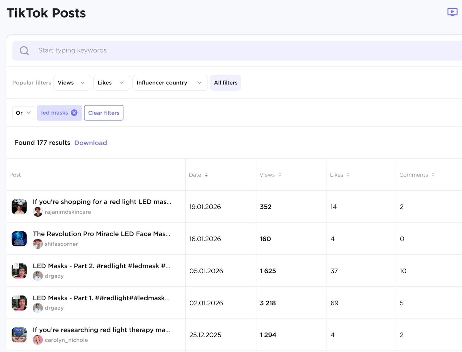Influencer Analytics showing a list of TikTok posts with the term "led masks" along with engagement metrics.