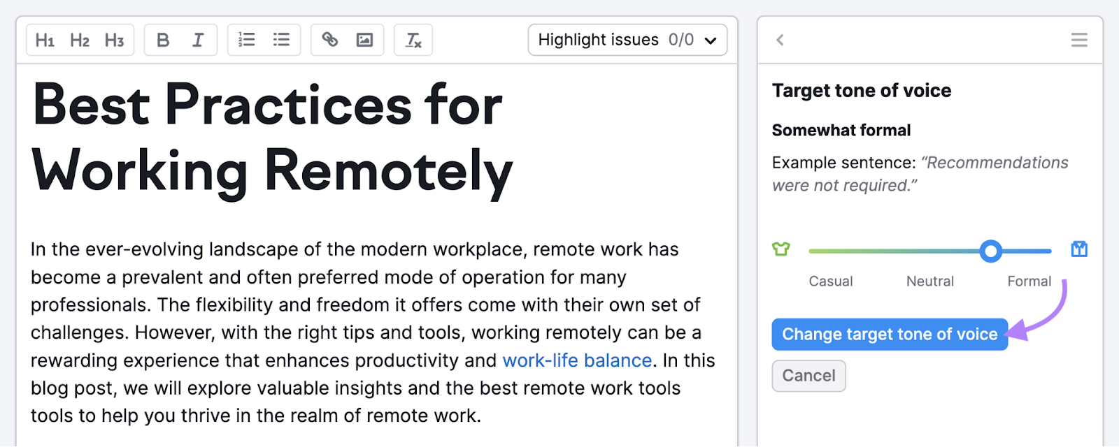 “Change target tone of voice" button in SWA