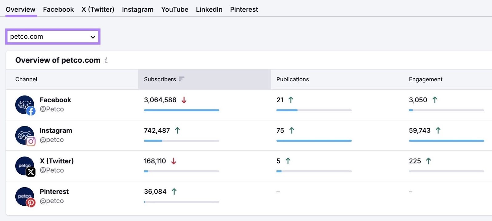 Social Tracker overview showing the follower count and engagement numbers on different channels for a domain.