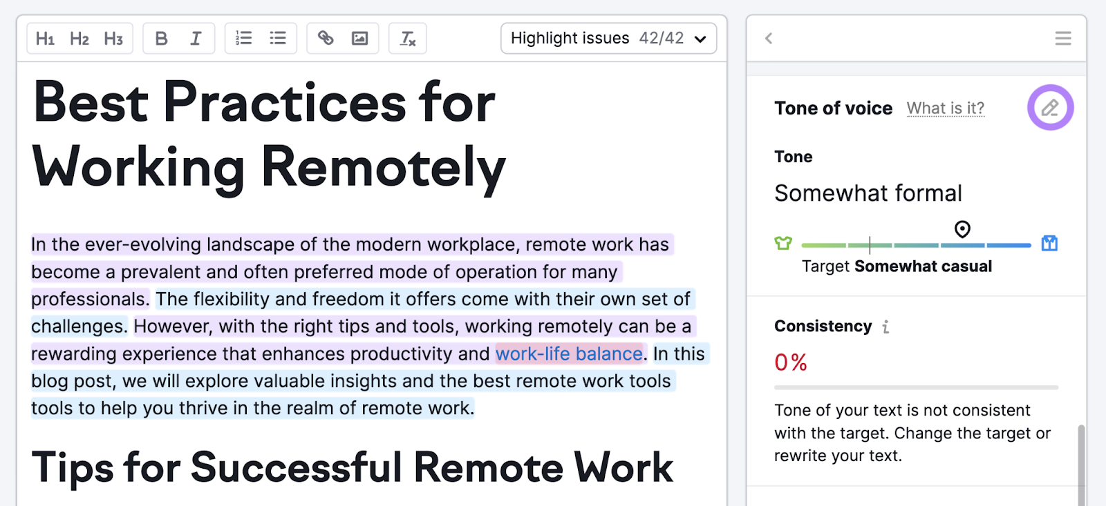 Pencil icon highlighted above the “Tone of voice” bar in SWA