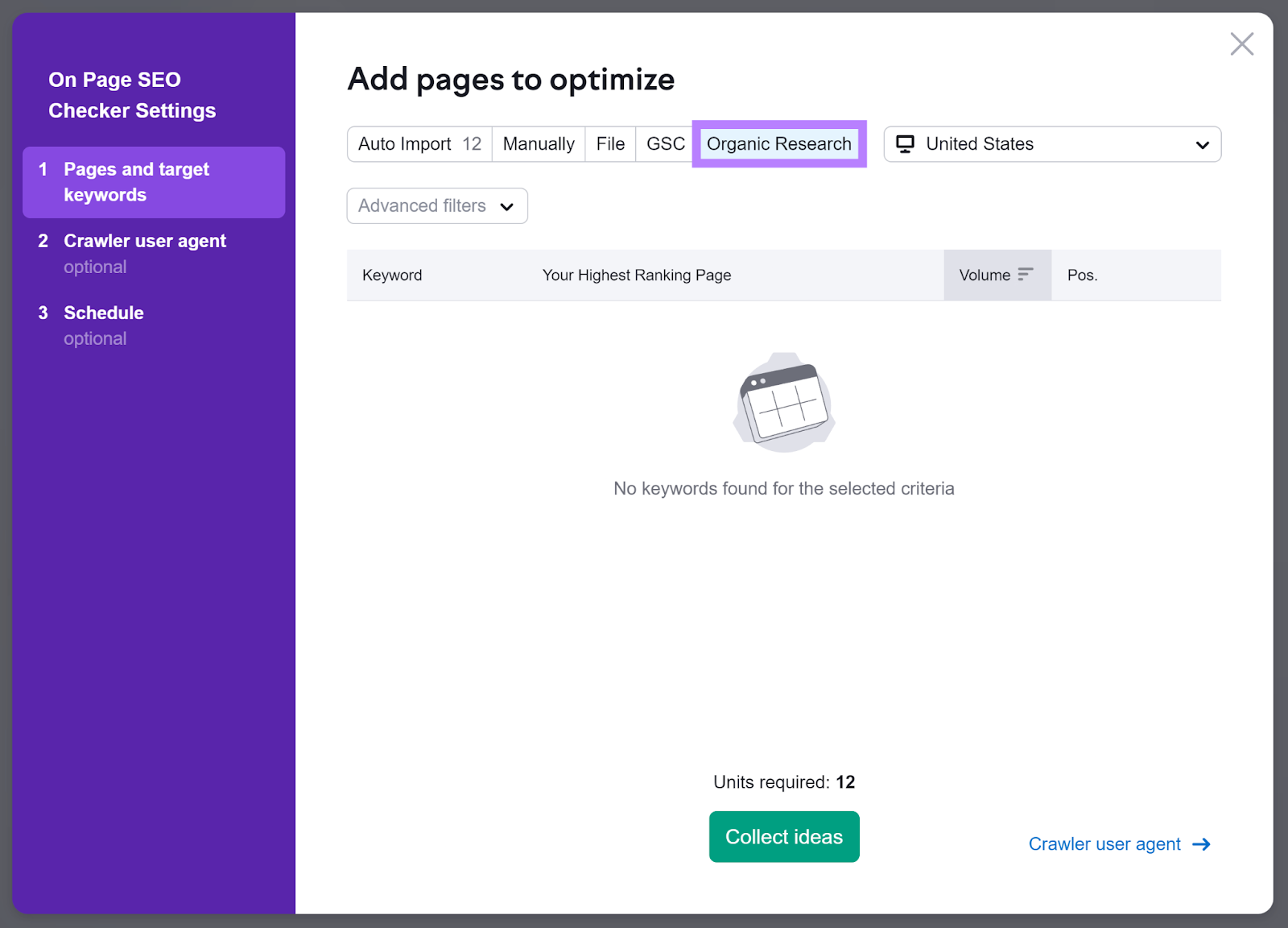On Page SEO Checker Settings popup with Organic Rankings tab highlighted