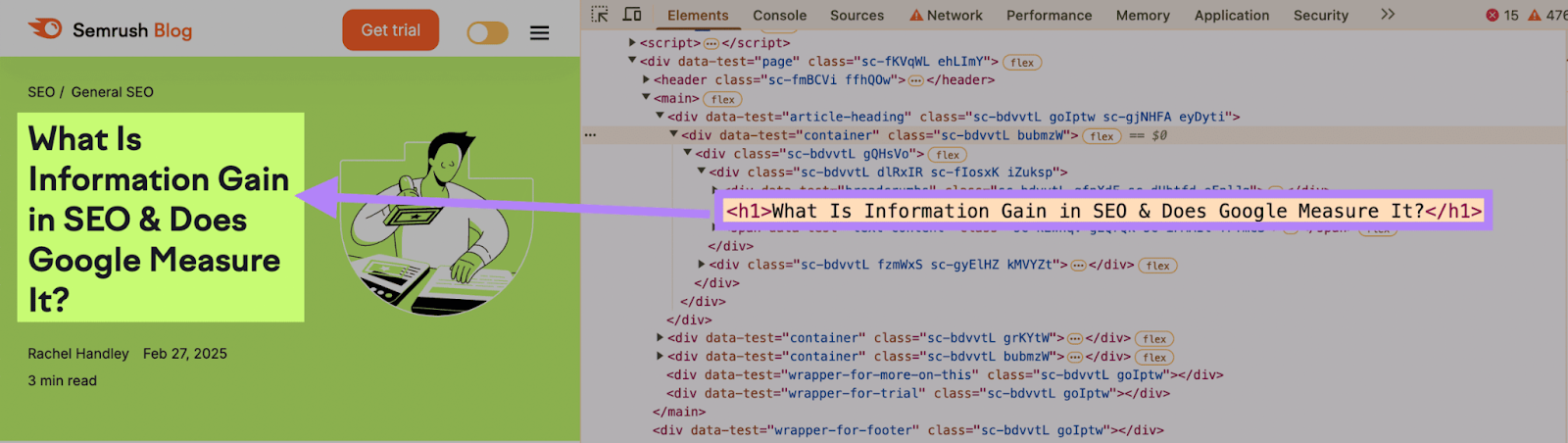 Semrush blog entitled "What Is Information Gain in SEO & Does Google Measure It?" with the HTML code shown