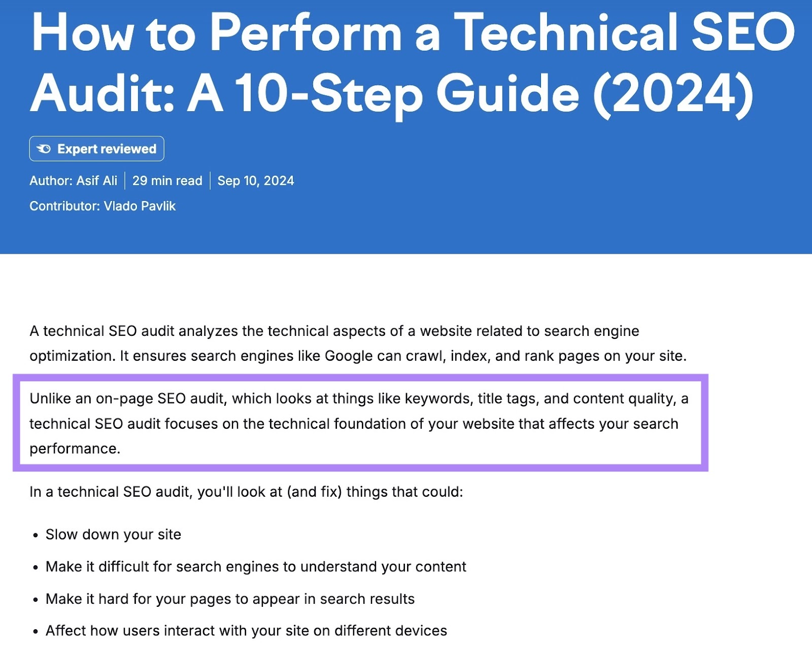 A blog post on Semrush with a paragraph, where a fan-out query could be addressed, highlighted.