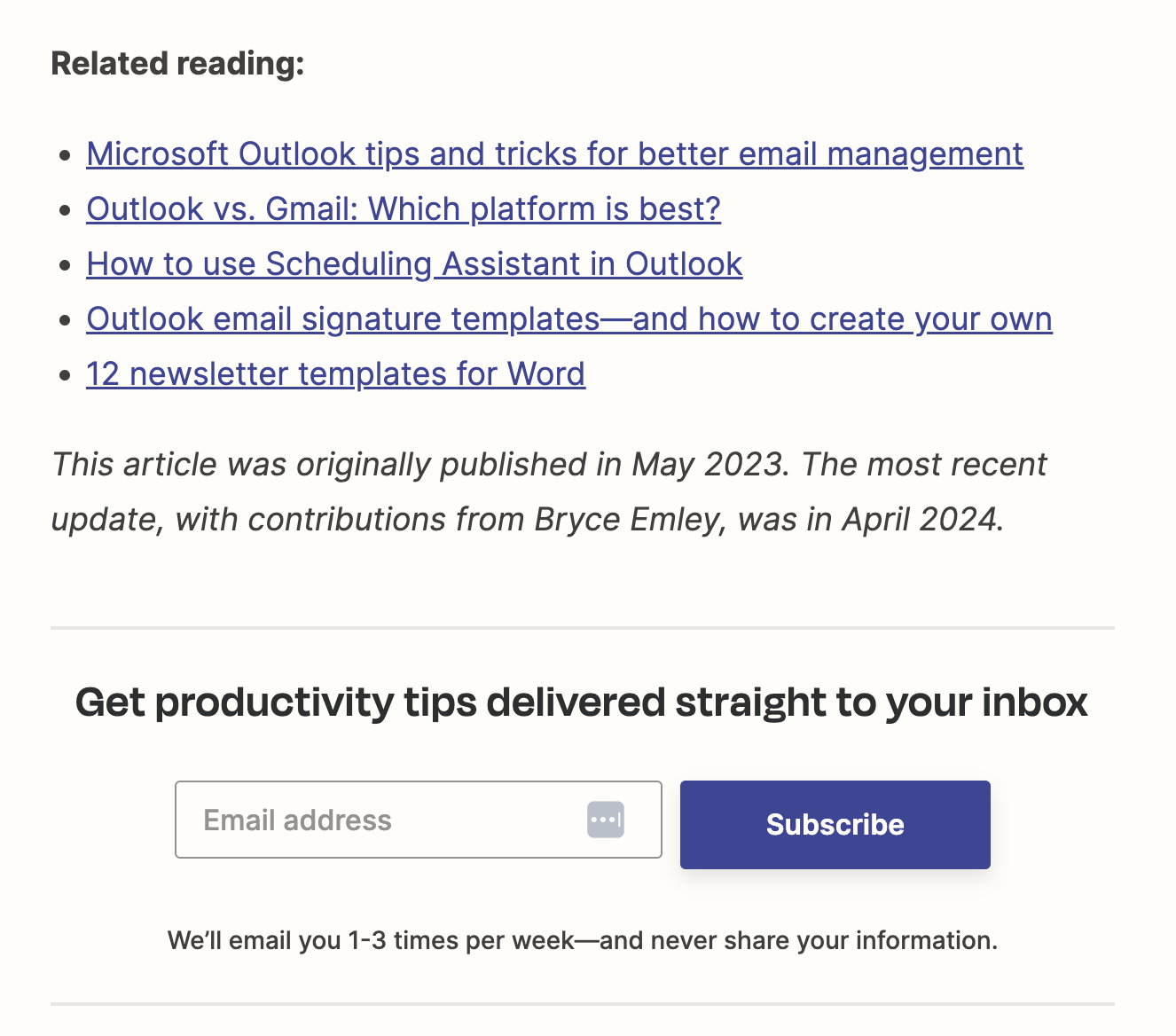 call to action is inserted below links to related reading.