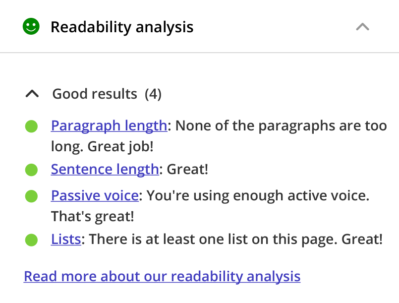 "Readability analysis" section in Yoast SEO