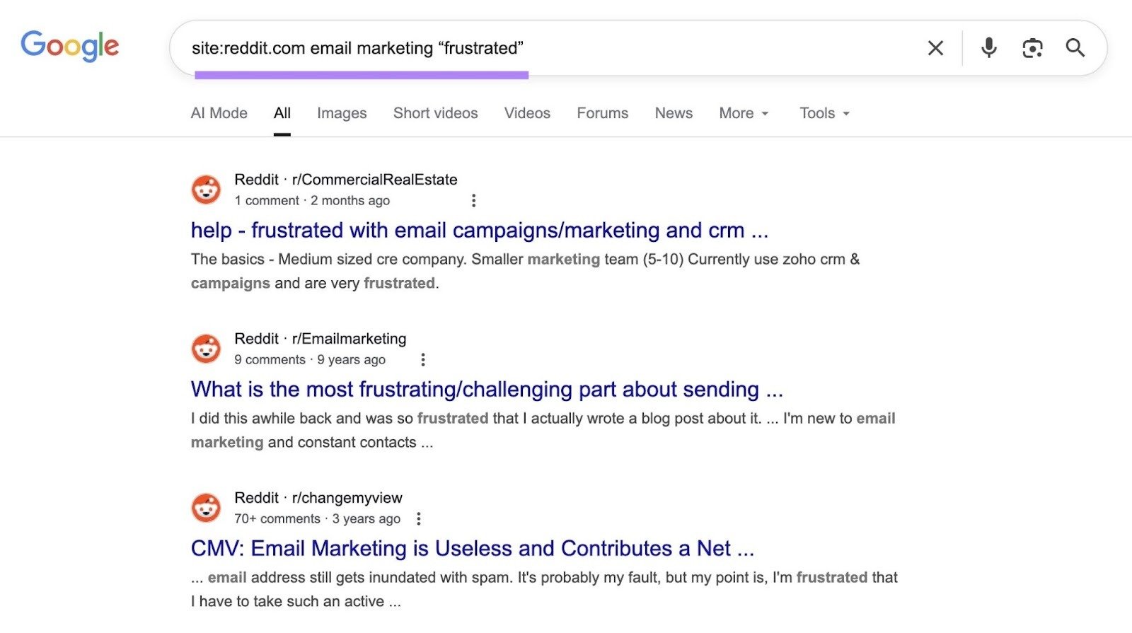 Using a site search syntax with negative terms to find Reddit discussions talking about common problems and pain points.