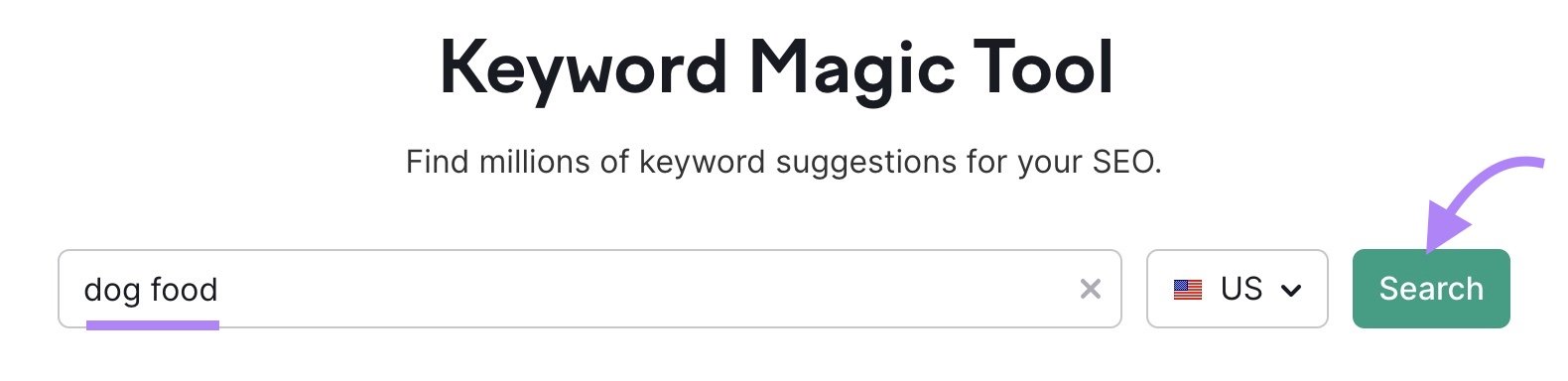 Keyword magic tool search bar with the term 'dog food' entered.