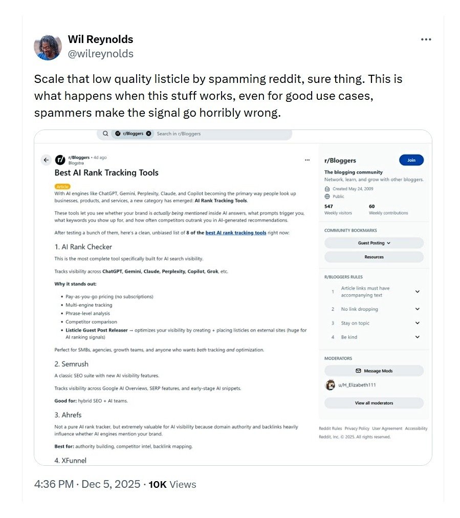 An X post that describes the problem with spam on Reddit.