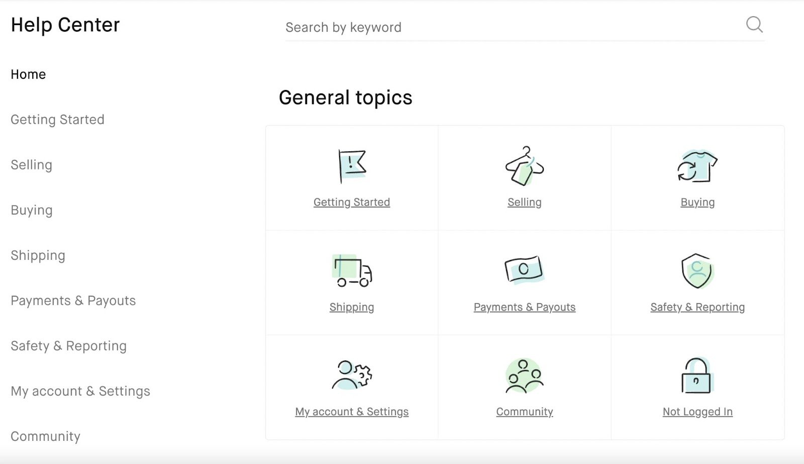 Vinted’s Help Center with "General topics" page opened