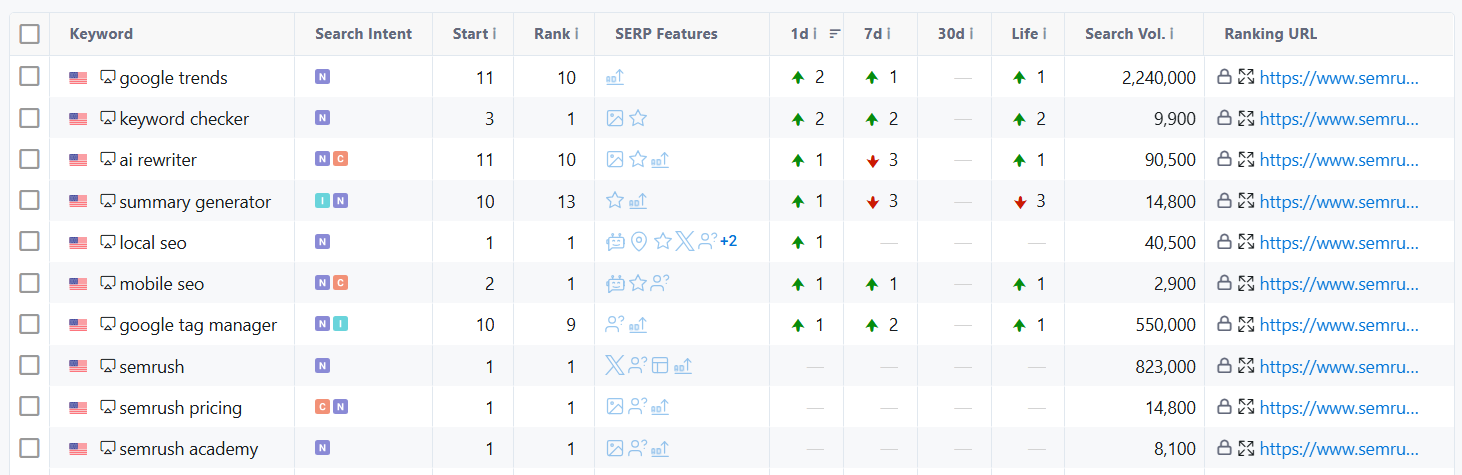 Keyword ranking table shows metrics similar to other keyword ranking tools.