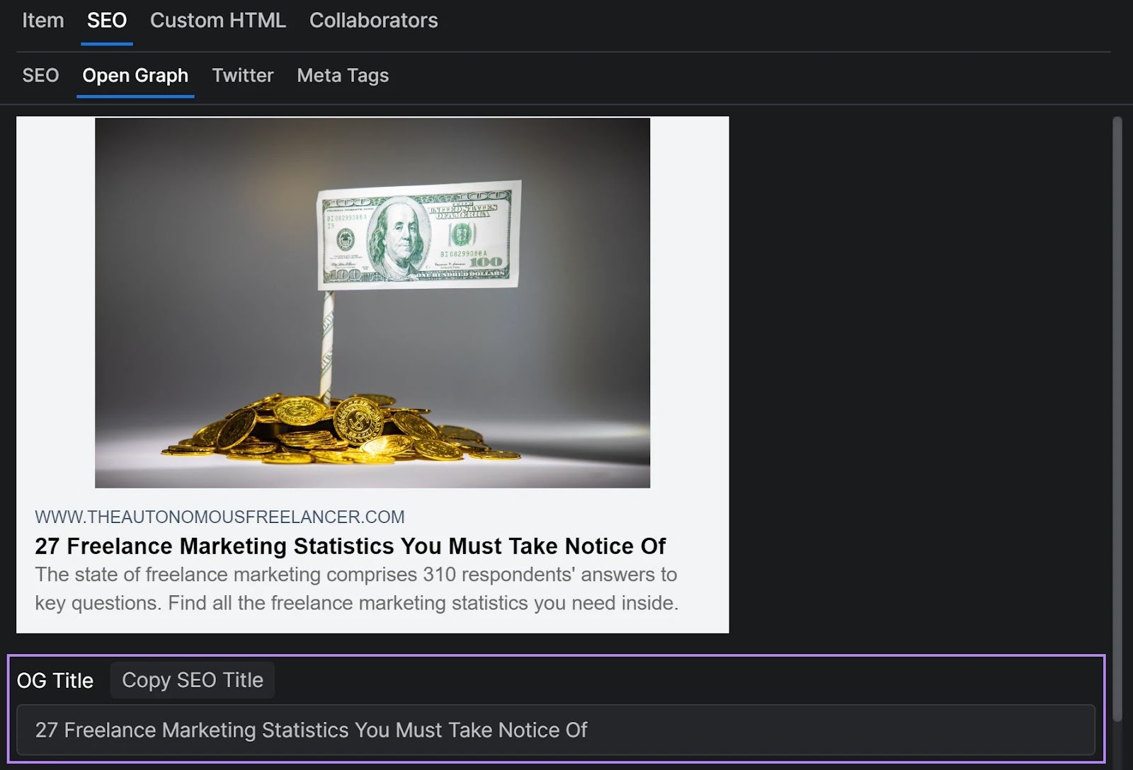 “Open Graph Title” option in the Versoly content management system.