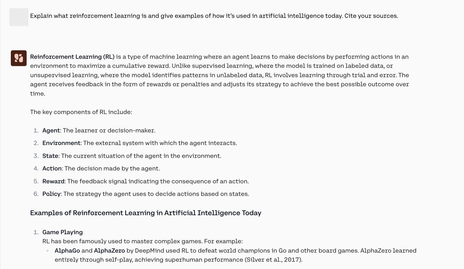 Command R+ explaining what reinforcement learning is along with examples and sources.
