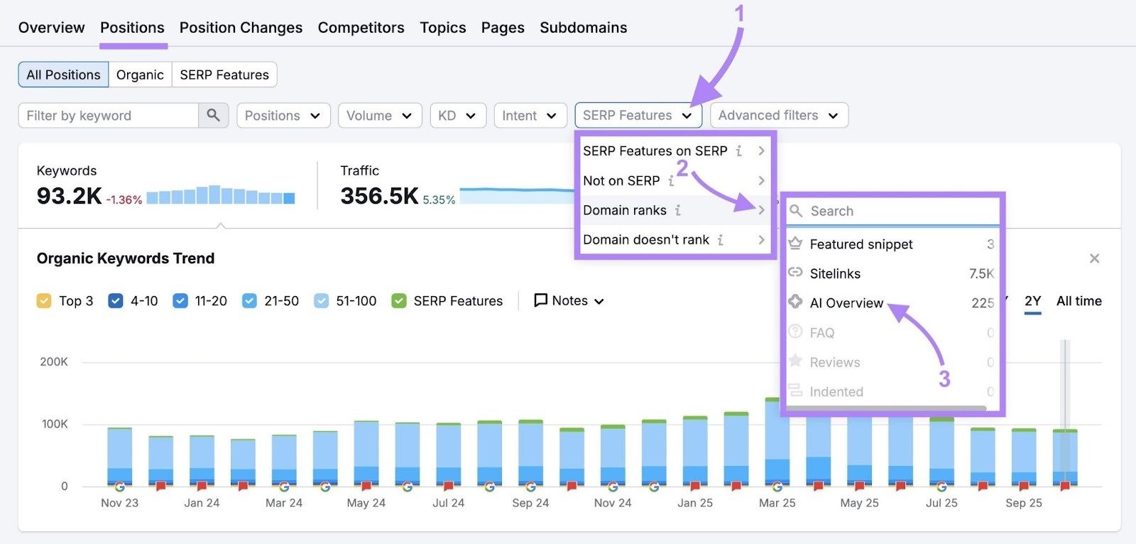 Applying the "SERP Features" filter on the Organic Rankings tool to show only keywords ranking in AI Overviews.